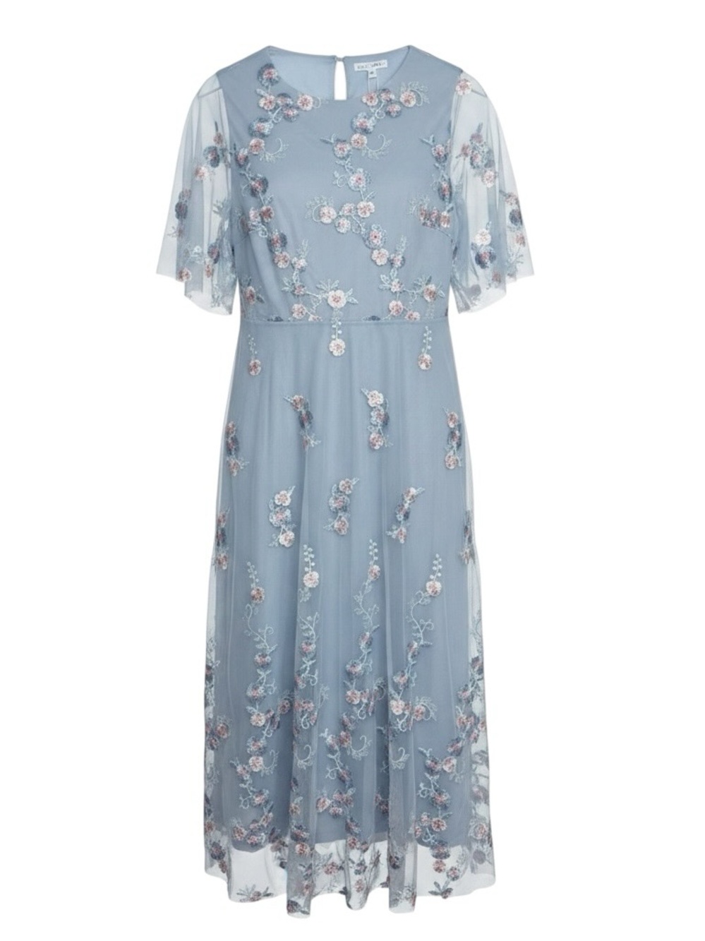 Baltic Born Dusty Blue Floral Embroidered Mesh Midi Dress